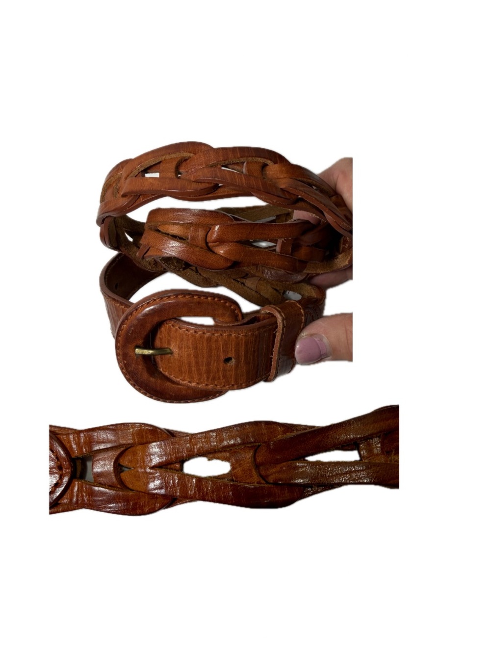 Vintage 90s Cognac Brown Leather Interlocking Puzzle Link Belt Women L /XL Boho